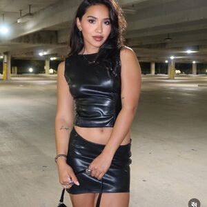 PrettyLittleThing Black Leather Skirt Set